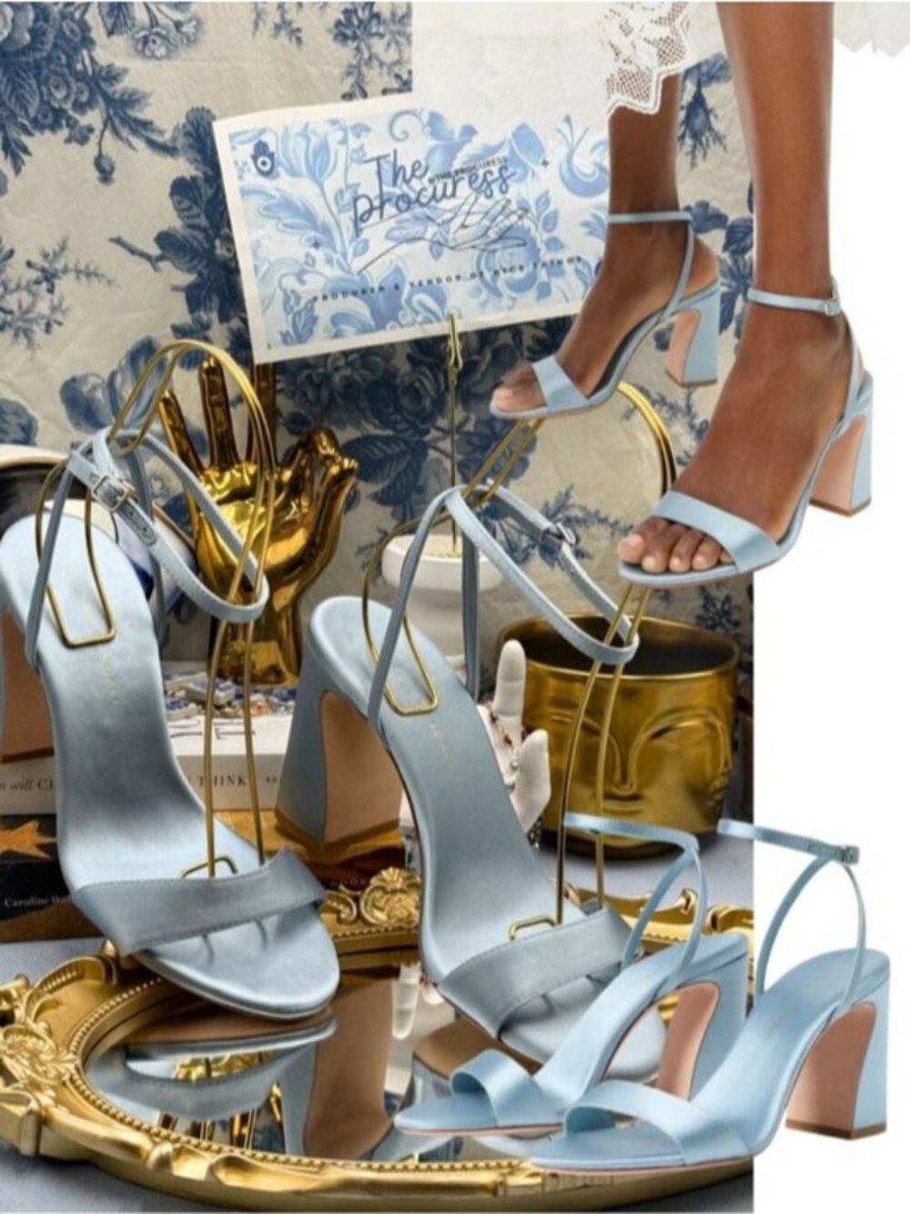 🆕 LOEFFLER RANDALL 🧿 NWOB Malia Curved−Heel Sandal - Blue Satin - Sz 7
